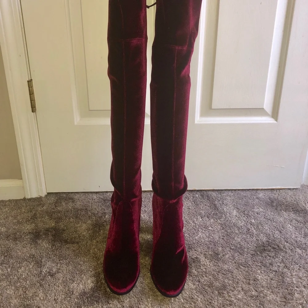 Stuart Weitzman Over-the-Knee Velvet Boots in Burgundy